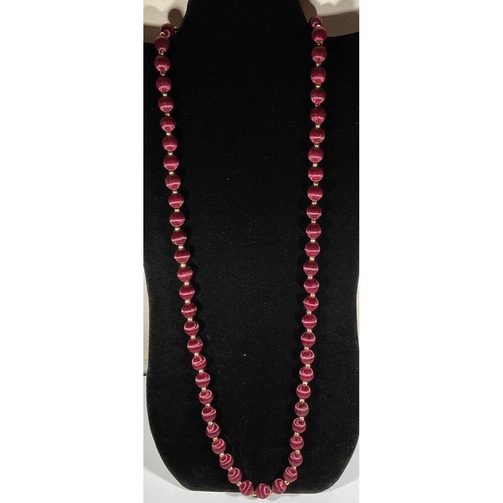Vintage Maroon Silk Wrapped Beaded Necklace with Gold Tone Spacers 15” Classic